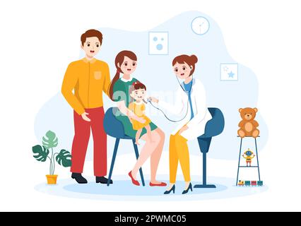 Pediatra esamina i bambini malati e il bambino per lo sviluppo medico, la vaccinazione e il trattamento in Cartoon piano modelli disegnati a mano Illustrazione Foto Stock