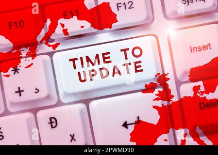 Ispirazione che mostra il segno tempo di aggiornamento, Word per le ultime informazioni su una particolare situazione Foto Stock