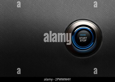Pulsante di avviamento del motore con anello luminoso blu su un'auto moderna Foto Stock
