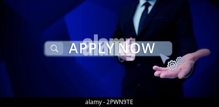Segno di testo che mostra Apply Now, Business idea un atto di una persona per acquisire il lavoro relativo alla professione Foto Stock
