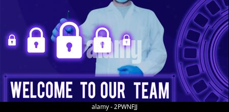 Scrittura testo visualizzato Benvenuto nel nostro Team, Word per aver presentato un'altra persona ai tuoi compagni di squadra Foto Stock