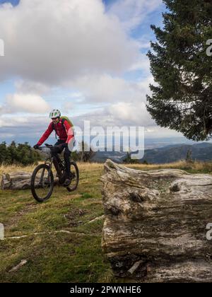Uomo in mountain bike elettrica a cavallo su un unico percorso, Vosges, Francia Foto Stock