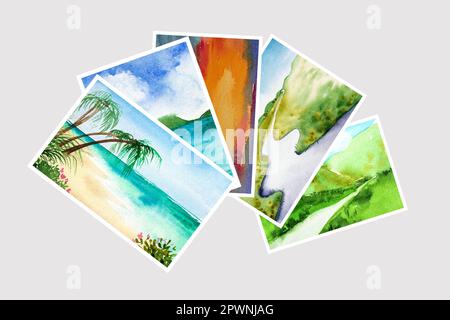 Fotografia acquerello di paesaggi. Illustrazioni minimalistiche di tendenza acquerello. Pittura originale della natura con acquerelli. Sfondo del paesaggio. Foto Stock