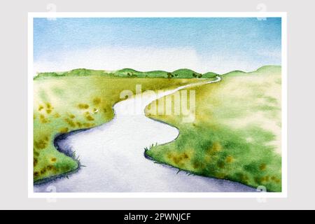 Fotografia acquerello di paesaggi. Illustrazioni minimalistiche di tendenza acquerello. Pittura originale della natura con acquerelli. Sfondo del paesaggio. Foto Stock