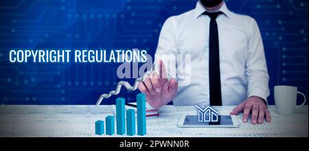 Segno di testo che mostra le norme sul copyright, Word scritto sul corpo di legge che governa le opere originali di authorship Foto Stock