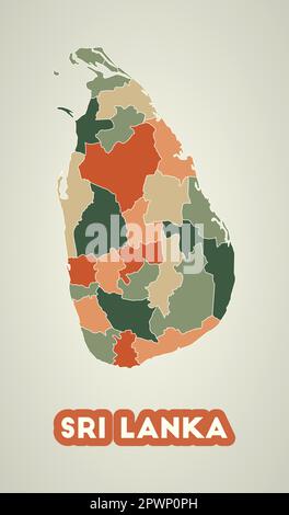 Poster dello Sri Lanka in stile retrò. Mappa del paese con regioni nella tavolozza dei colori autunnali. Forma dello Sri Lanka con nome del paese. Illustrazione Vettoriale