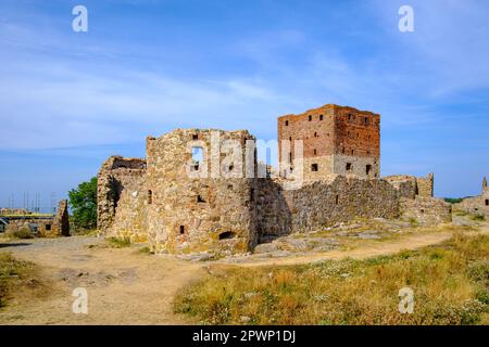 Hammershus Castle, la più grande fortificazione medievale del nord Europa sulla costa occidentale del promontorio di Hammeren, Bornholm Island, Danimarca. Foto Stock