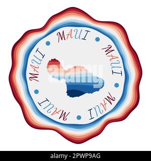 Badge Maui. Mappa dell'isola con belle onde geometriche e vivace cornice blu rosso. Vivace logo rotondo Maui. Illustrazione vettoriale. Illustrazione Vettoriale