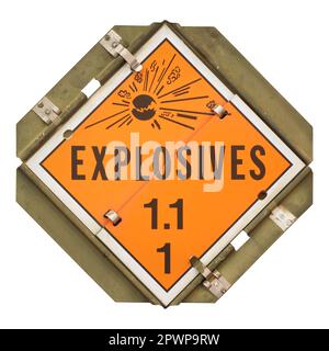 Cartello di esplosivi metallici con etichetta di avvertenza arancione isolata su sfondo bianco Foto Stock