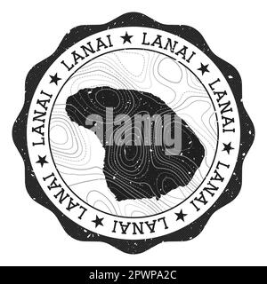 Lanai outdoor stamp. Round sticker with map of island with topographic isolines. Vector illustration. Illustrazione Vettoriale