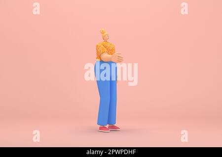 La donna con i capelli dorati legati in un bun con pantaloni in corduroy blu e T-shirt arancione con strisce bianche. È espressione di mano quando parla. Foto Stock