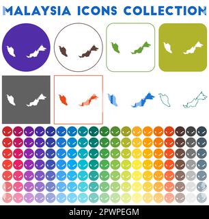 Collezione di icone della Malesia. Icone luminose e colorate alla moda. Badge Malesia moderna con mappa del paese. Illustrazione vettoriale. Illustrazione Vettoriale