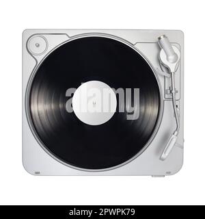 Giradischi con long play o LP vinile disco isolato su sfondo bianco. Vista dall'alto. Foto Stock