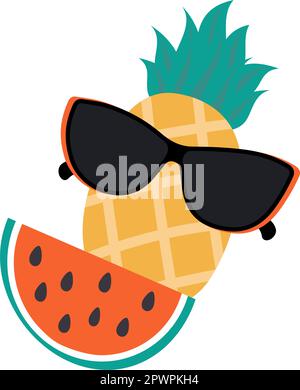 Set estivo di fettine di cocomero e ananas in occhiali da sole scuri in tonalità luminose alla moda. Ciao estate. Adesivo. Icona. Isolare. Design per poster, brochure o sfondi, Web, banner o biglietti. Vettore. EPS Illustrazione Vettoriale