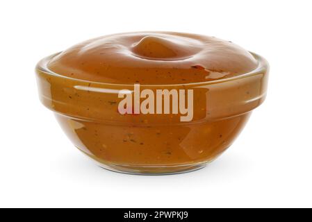 Albicocca dolce e agrodolce per la carne nel recipiente di vetro isolato su fondo bianco. Foto Stock