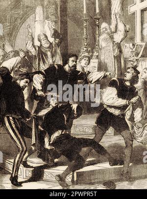 La Congiura dei Pazzi, 26 aprile 1478, un tentativo di assassinare Lorenzo de' Medici e suo fratello Giuliano de' Medici Foto Stock