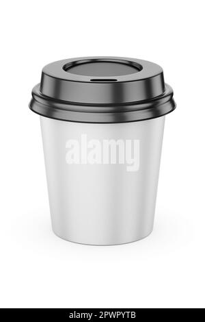 tazza di carta da caffè espresso monouso da 90 ml con coperchio nero isolato su sfondo bianco, illustrazione 3d. Foto Stock
