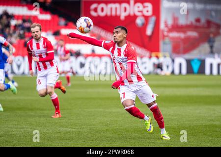 Aalborg, Danimarca. 30th Apr, 2023. Allan Sousa (7) di AaB visto durante il Superliga match 3F tra Aalborg Boldklub e Lyngby Boldklub all'Aalborg Portland Park di Aalborg. (Photo Credit: Gonzales Photo/Alamy Live News Foto Stock