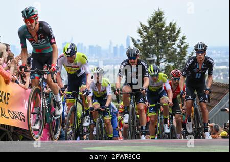 Assia, Königstein-Mammolshain, Germania. 01 maggio 2023. Ciclismo: UCI WorldTour - Eschborn-Francoforte, (203,80 km), uomini. Il pelotone con Emanuel Buchmann (l) del Team Bora-hansgrohe e John Degenkolb (M) del Team DSM sale sul Mammolshainer Stich. Foto: Arne Dedert/dpa Foto Stock