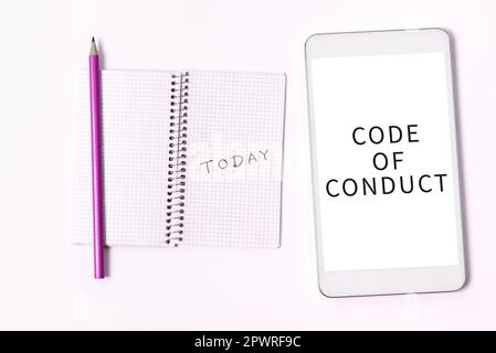 Visualizzazione concettuale Codice di condotta, concetto aziendale regole etiche codici morali principi etici rispetto dei valori Foto Stock