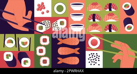 Sushi sfondo, carta da parati. Cucina giapponese. Illustrazione Vettoriale