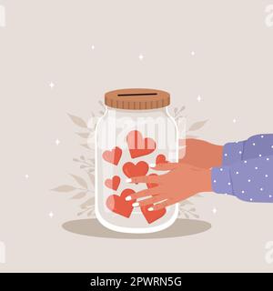 Concetto di donazione. Le mani femminili tengono il vaso di vetro pieno di cuori rossi. Giornata internazionale di beneficenza. Condividi il tuo amore. Illustrazione del cartoon piano vettoriale Illustrazione Vettoriale