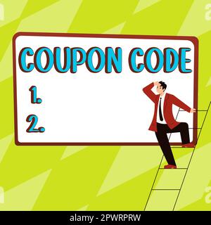 Cartello con il codice coupon, il concetto che significa biglietto o documento che può essere riscattato per uno sconto finanziario Foto Stock