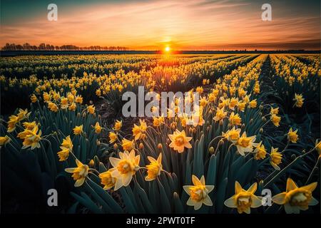 Incredibile tramonto sul campo di belle narcisi gialle selvagge. Narciso fiorente in primavera. Foto Stock