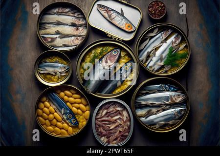 Vari pesci in scatola e frutti di mare in una lattina di metallo. Sfondo di legno. Vista dall'alto. Foto Stock