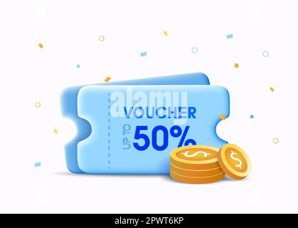 buono da $3d, buoni con 50 segno di percentuale con monete fluttuanti. monete d'oro, corone. Sconto di shopping online, vendita cliente voucher design. Regali con coupon e monete. Illustrazione vettoriale. Illustrazione vettoriale Illustrazione Vettoriale