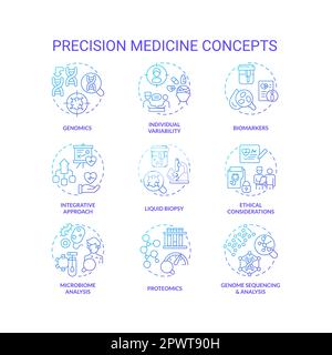 Set di icone di concetto gradiente blu per medicina di precisione Illustrazione Vettoriale