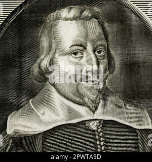 John Pym (morto nel 1643), membro principale del Parlamento inglese e feroce critico di Re Carlo i d'Inghilterra. Pym era uno dei “cinque membri” del Parlamento il cui tentativo di arresto da parte del re nel 1642 ha scatenato le guerre civili inglesi. L'assenza dei cinque membri dalla Camera dei Comuni ha spinto il famoso commento del Re: "Vedo che gli uccelli sono volati”. Dettaglio quadrato dell'incisione creato negli anni '1700s dall'incisore fiammingo Michael van der Gucht (1660-1725), dopo un ritratto di Edward Bower (morto nel 1667). Foto Stock