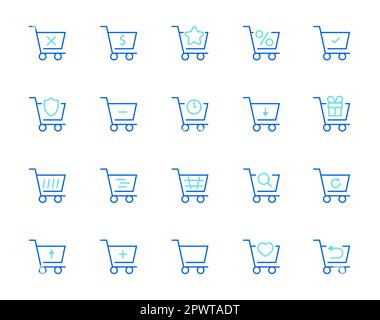 Set di icone del carrello. Collezione di icone web per il negozio online, da varie icone carrello in varie forme. Set di icone della linea del carrello. Semplice stile di contorno per template e app Web. Illustrazione vettoriale Illustrazione Vettoriale