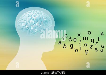 profilo della testa umana con lettere all'interno del cervello, concetto di comunicazione Foto Stock