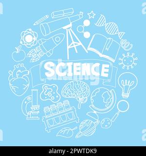 Banner scientifico con illustrazione delle icone di Doodle Illustrazione Vettoriale