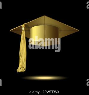 cappello da graduazione oro con nappina d'oro su fondo nero Illustrazione Vettoriale