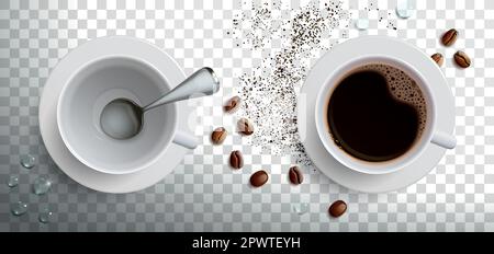 tazza bianca vuota con cucchiaio e tazza piena con caffè su fondo trasparente Illustrazione Vettoriale