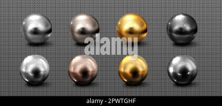 Set realistico di sfere cromate isolate su sfondo trasparente. Argento, oro, bronzo, platino metallo 3D sfere con ombra e riflesso della luce o Illustrazione Vettoriale