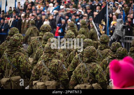 I membri delle forze armate nelle uniformi da combattimento marciarono verso la folla di civili durante la celebrazione dell'indipendenza in Estonia. Foto Stock