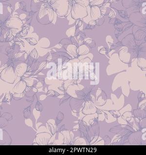 Motivo senza cuciture con fiori di ciliegio. Illustrazione vettoriale vintage disegnata a mano in stile schizzo. Fiore rosa ciliegia stampa tessile, albero primaverile blos Illustrazione Vettoriale