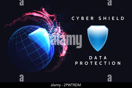 Poster sulla tecnologia di protezione Cyber Shield o sul prodotto software isolato di colore bianco. Illustrazione vettoriale. Illustrazione Vettoriale