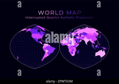 Mappa del mondo. Proiezione autenticale quartic interrotta in due emisferi. Illustrazione del mondo digitale. Colori rosa brillante al neon su sfondo scuro. Illustrazione Vettoriale