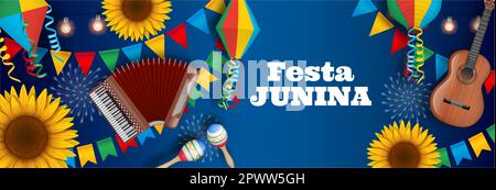 Poster Festa Junina con elementi brasiliani e fisarmonica. Giugno sfondo del festival brasiliano Illustrazione Vettoriale