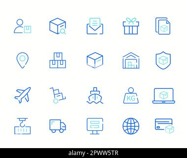 Semplice set di icone relative alla linea vettoriale per la spedizione. Contiene icone quali Courier, protezione della confezione, restituzione e altro ancora. Icone di consegna. Icone delle linee vettoriali. Set di semplici simboli di contorno. Illustrazione vettoriale Illustrazione Vettoriale