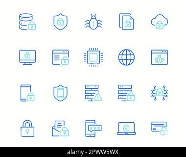 Set di icone della linea vettoriale di protezione e protezione. Tecnologia di protezione dei dati aziendali, sicurezza informatica, protezione delle reti informatiche. Icone di linea. Contiene icone quali protezione computer, blocco digitale. Illustrazione vettoriale Illustrazione Vettoriale