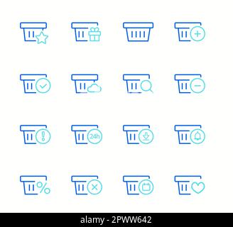 Semplice set di icone relative alla linea vettoriale del carrello della spesa. Contiene icone quali Express Checkout, Mobile Shop. Collezione di icone web per il negozio online, da varie icone carrello in varie forme. Illustrazione vettoriale Illustrazione Vettoriale