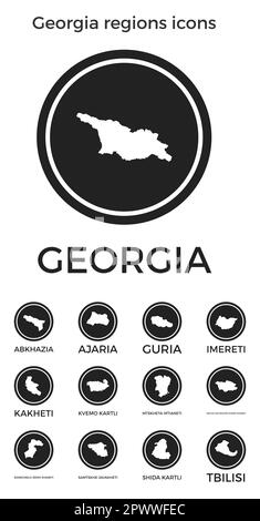 Icone delle regioni della Georgia. Logo tondi neri con mappe e titoli delle regioni dei paesi. Illustrazione vettoriale. Illustrazione Vettoriale