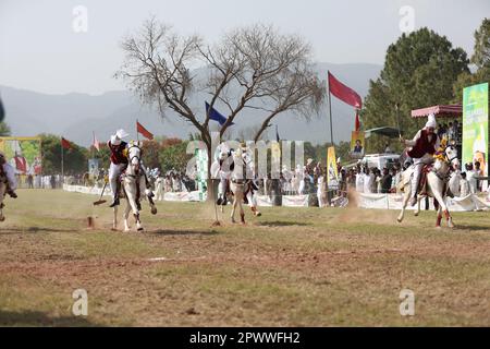Islamabad, capitale, Pakistan. 30th Apr, 2023. Un cavaliere partecipa al gioco Tent Pegging a Islamabad. Il concorso Tent Pegging è stato organizzato per segnare l'arrivo della stagione primaverile in Pakistan. (Credit Image: © Raja Imran Bahader/Pacific Press via ZUMA Press Wire) SOLO PER USO EDITORIALE! Non per USO commerciale! Foto Stock