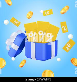 3d sorpresa di apertura della confezione regalo con coupon di sconto, concetto di accumulo punti, programma fedeltà e premi. bonus shopping online, monete galleggianti, monete volanti, coupon volanti, voucher. illustrazione vettoriale. Illustrazione vettoriale Illustrazione Vettoriale