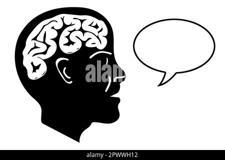 Testa umana silhouette con cervello. L'uomo sta pensando e parlando. Icona vettore. Illustrazione Vettoriale